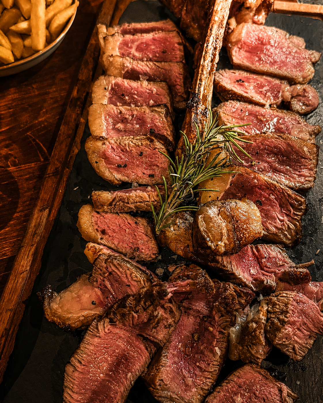 Sliced steak served at The Lucky Goose